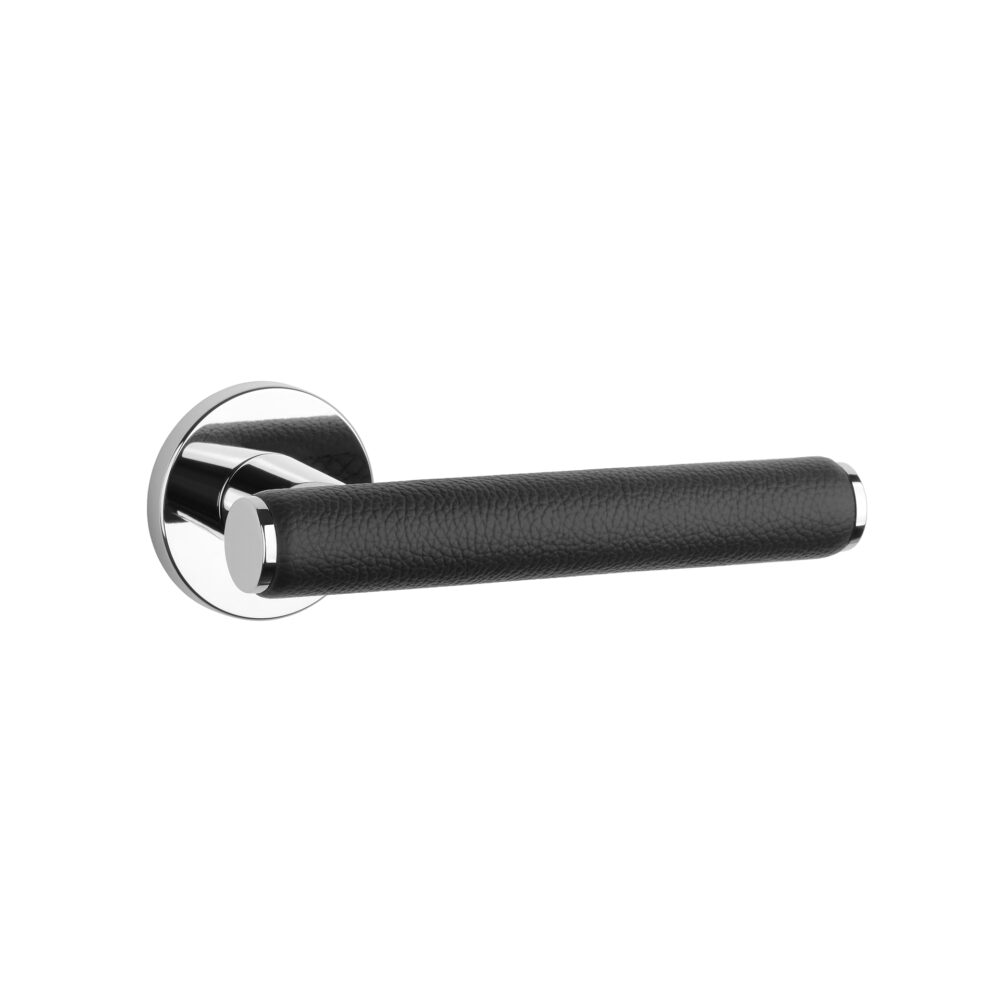 Klamka Aprile Egeria na rozecie okrągłej R Slim 7 mm, chrom polerowany / czarna skóra